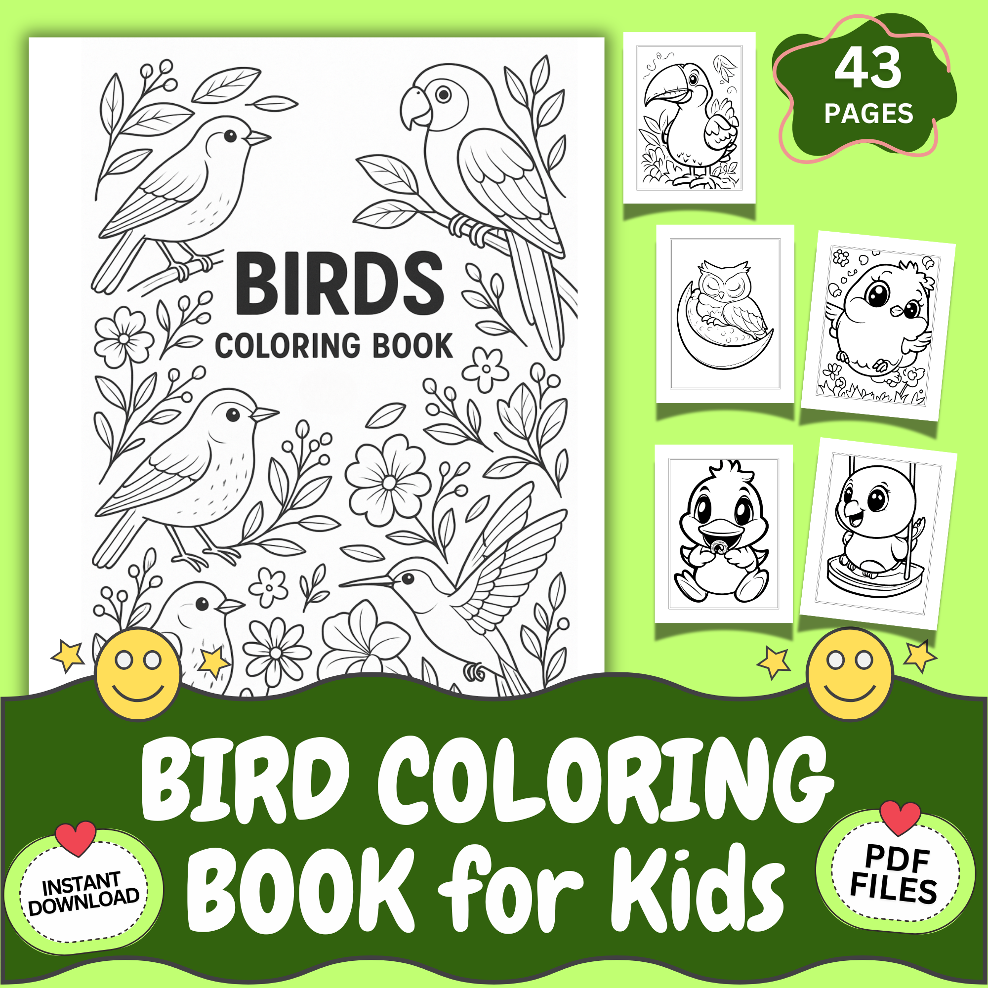 bird coloring book for kids printable 43 pages bundle cute bird coloring sheets pdf toddler preschool activity