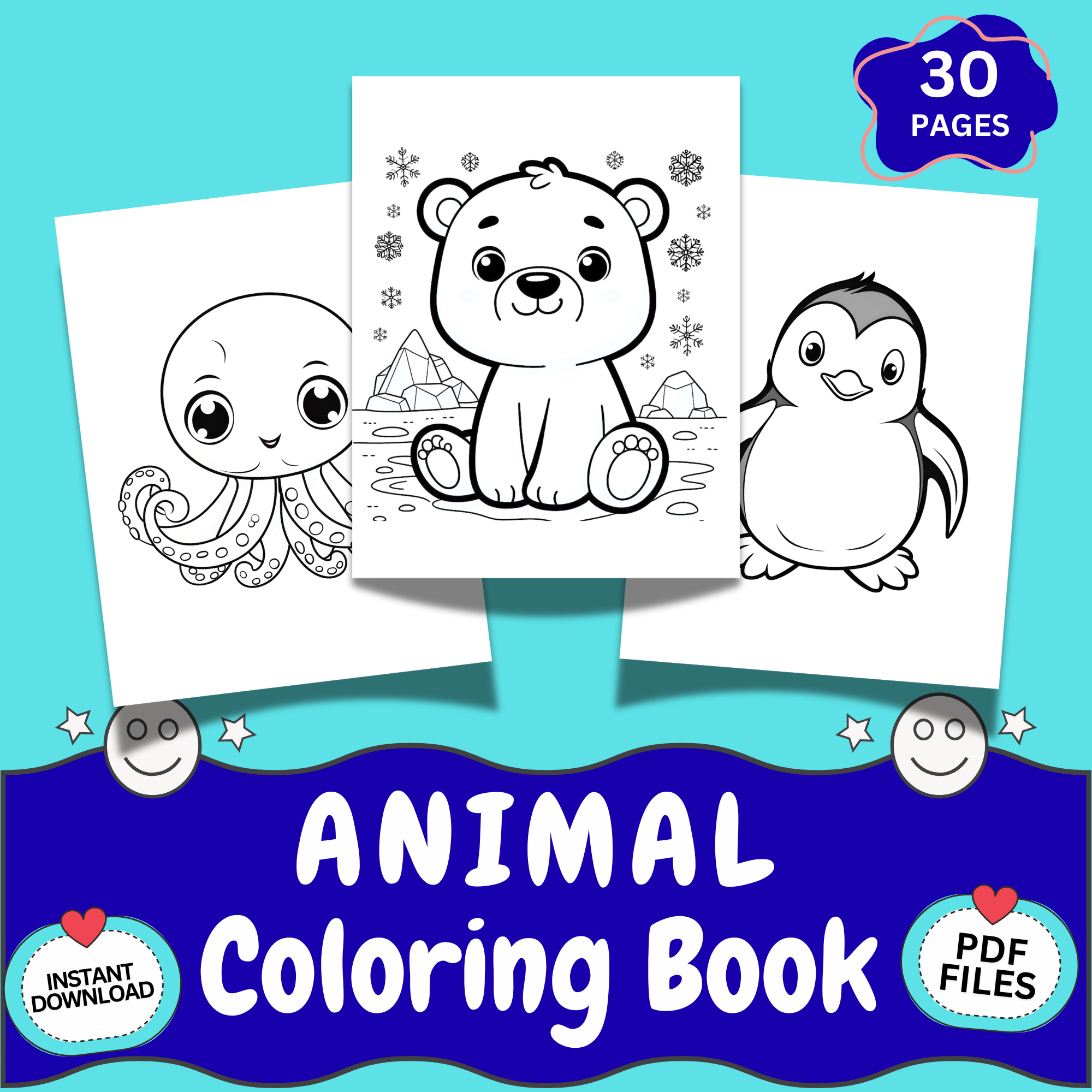 Animal coloring book printable cover showing 30 pages of cute animal coloring sheets including bear