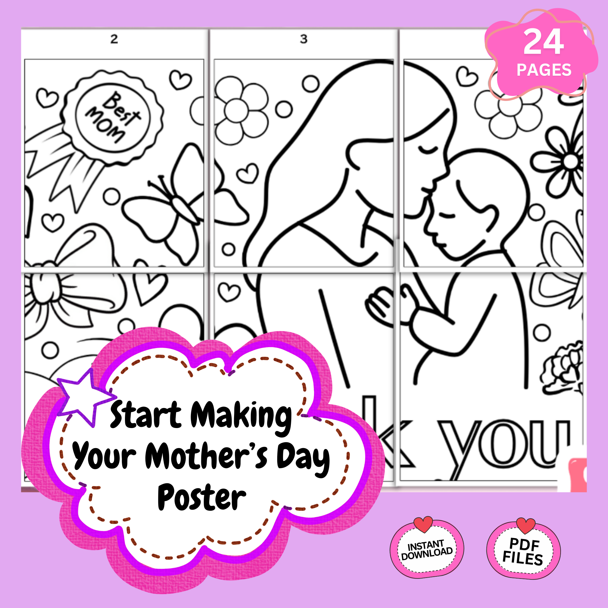Full layout of Mother’s Day collaboration poster with 24 numbered sections for coloring and assembly activity