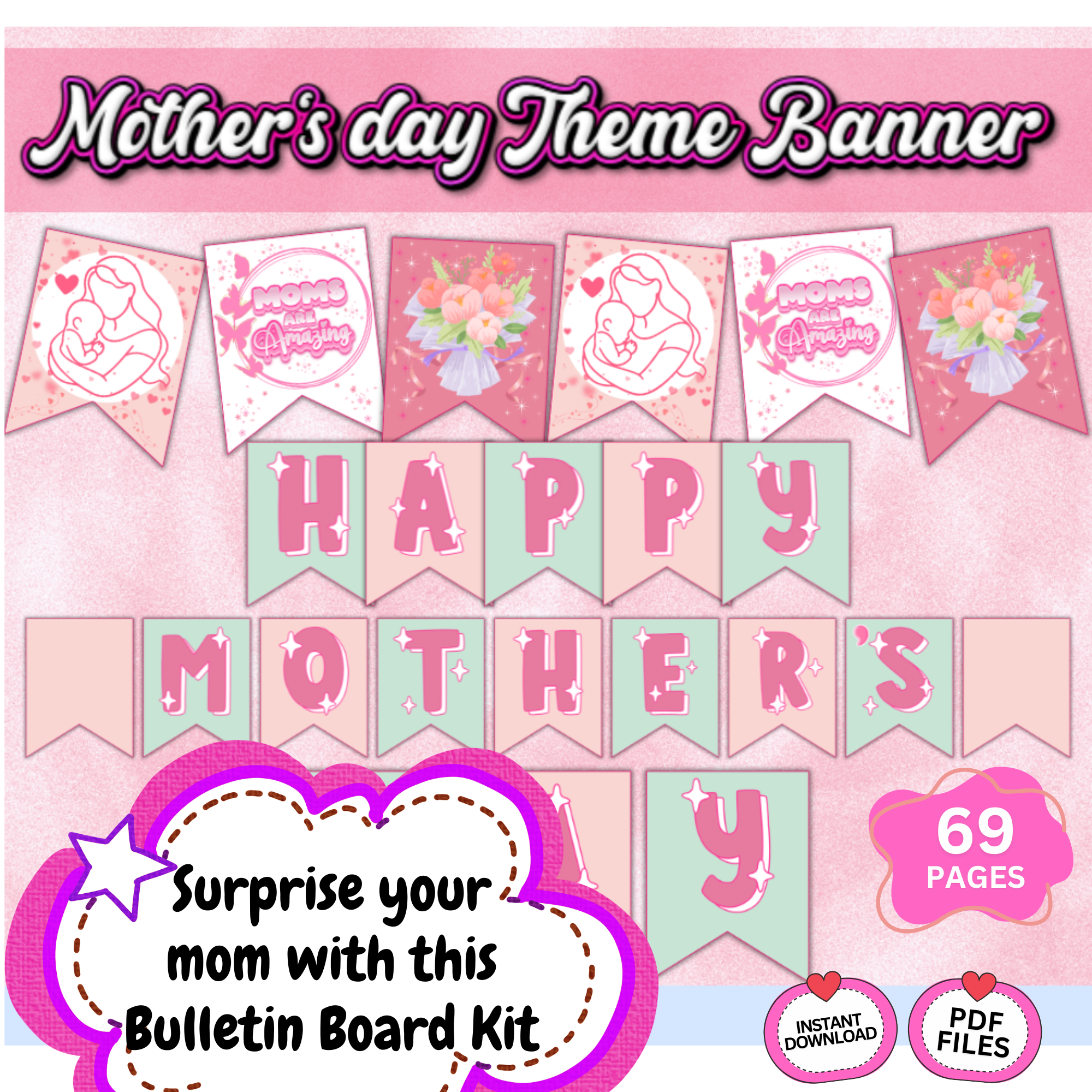 Mother’s Day printable decor kit contents including accents flowers butterflies borders and banner pieces for classroom display