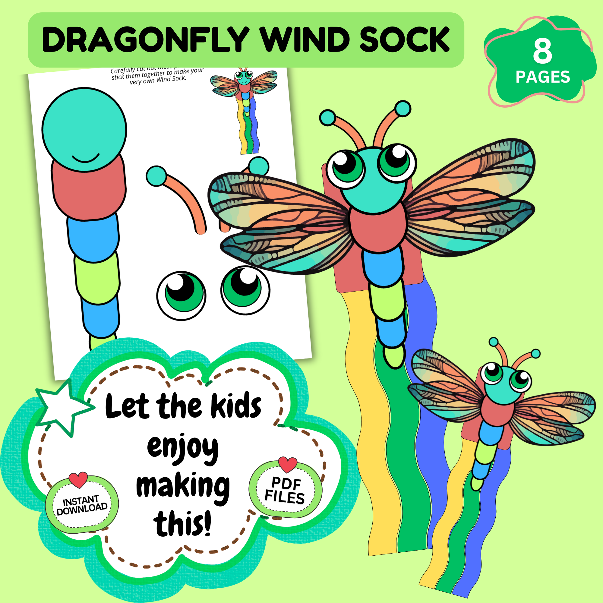 dragonfly wind sock craft printable for kids DIY paper craft activity with colorful dragonfly design and streamers