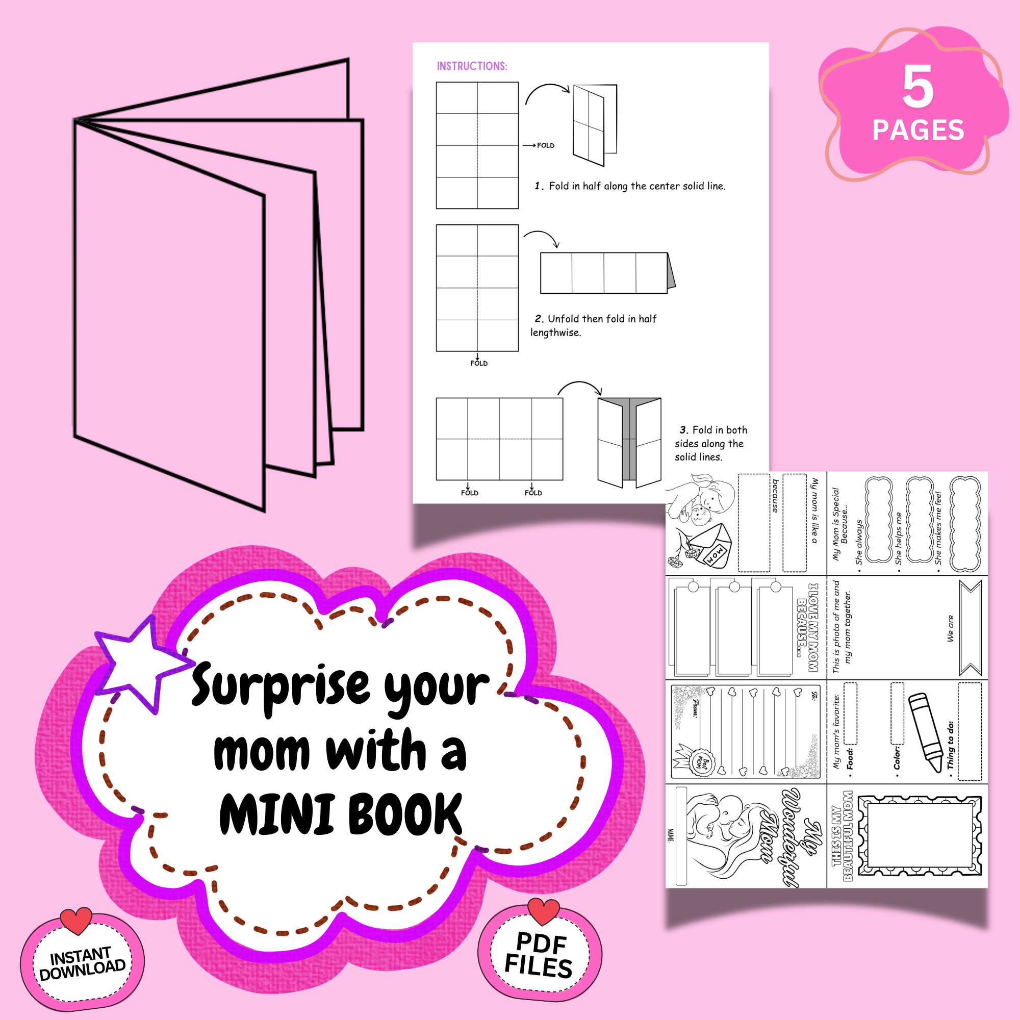 Mother’s Day mini book printable preview showing foldable booklet pages