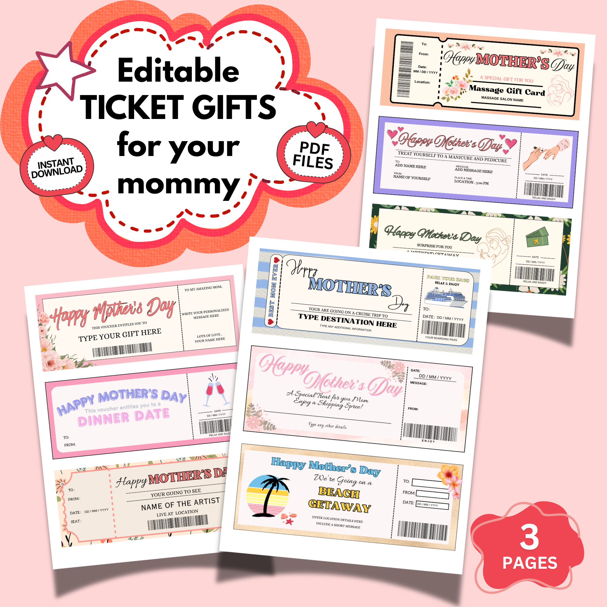 editable Mother’s Day ticket gifts printable featuring voucher coupons for massage dinner getaway and surprise gift for mom