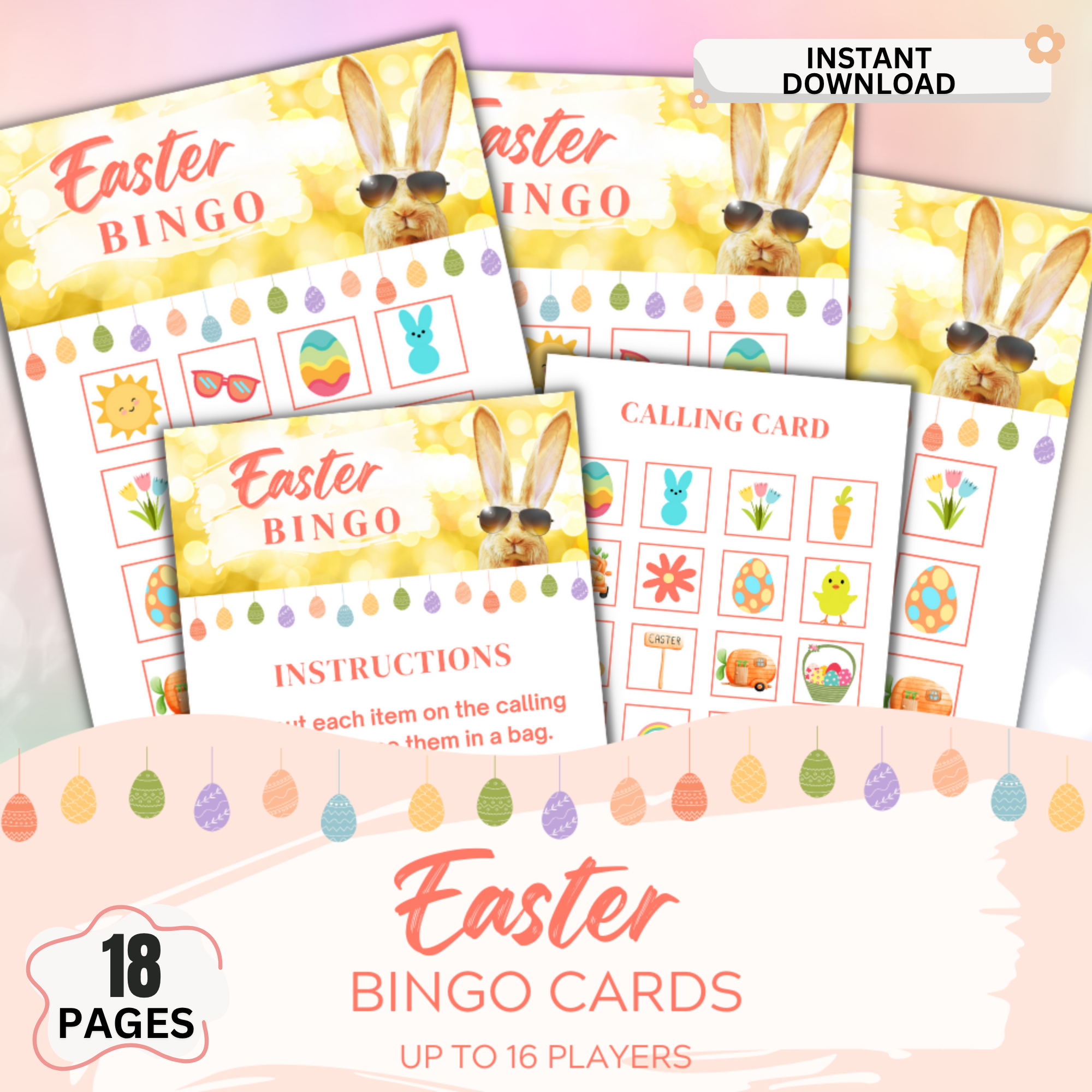 Easter Bingo printable game for kids with 18 pages