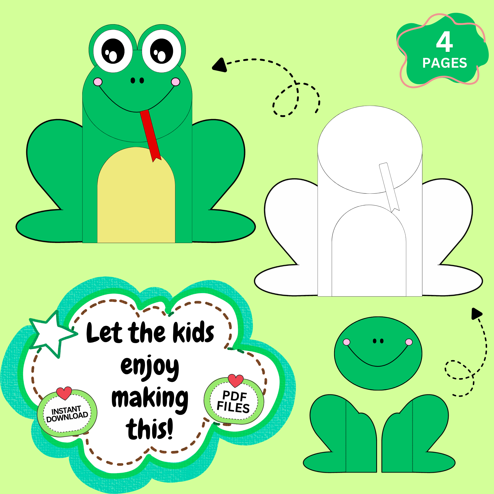Cute frog cut and paste printable craft activity for preschool and kindergarten kids featuring colorful frog template pieces