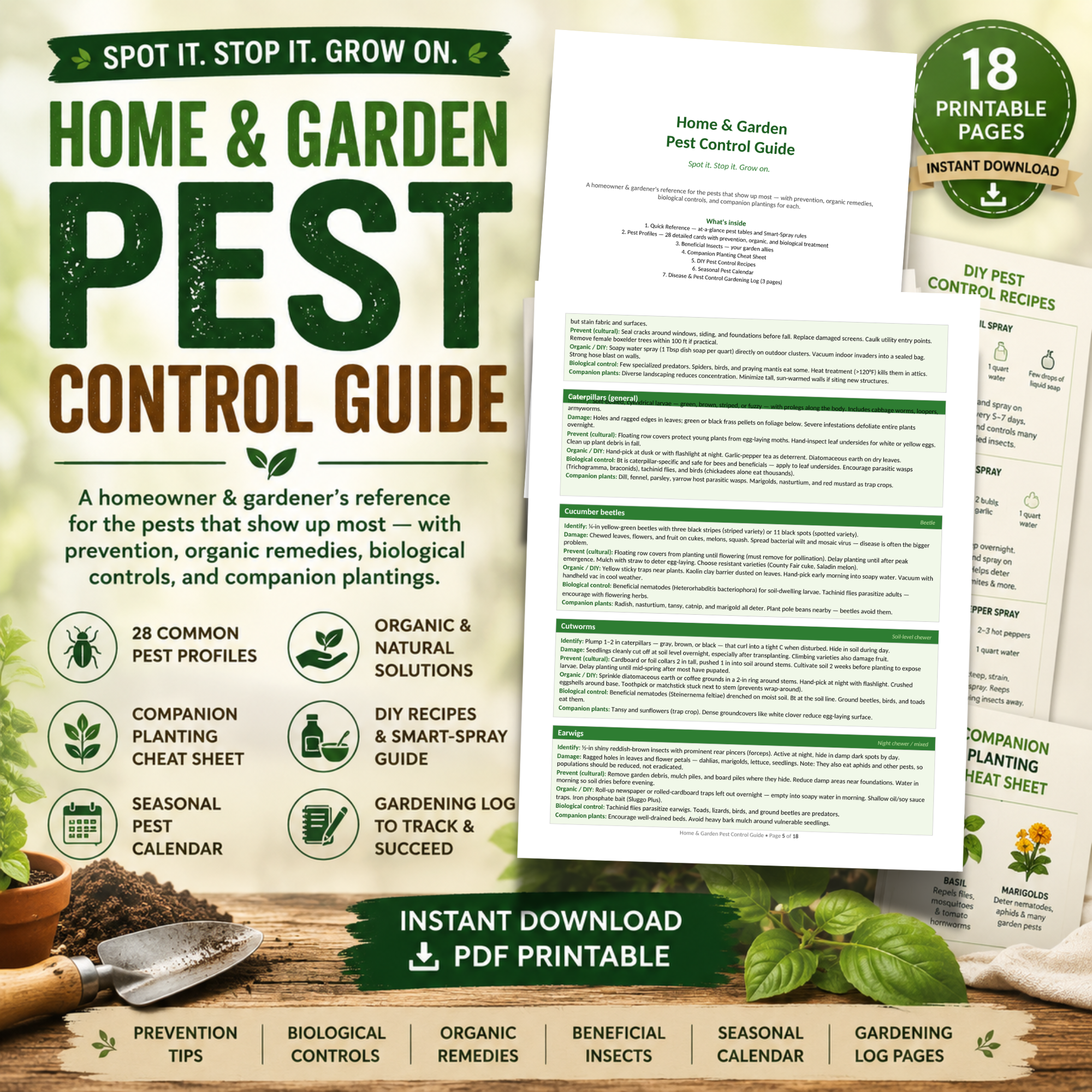 Home and Garden Pest Control Guide printable PDF mockup featuring pest profile pages