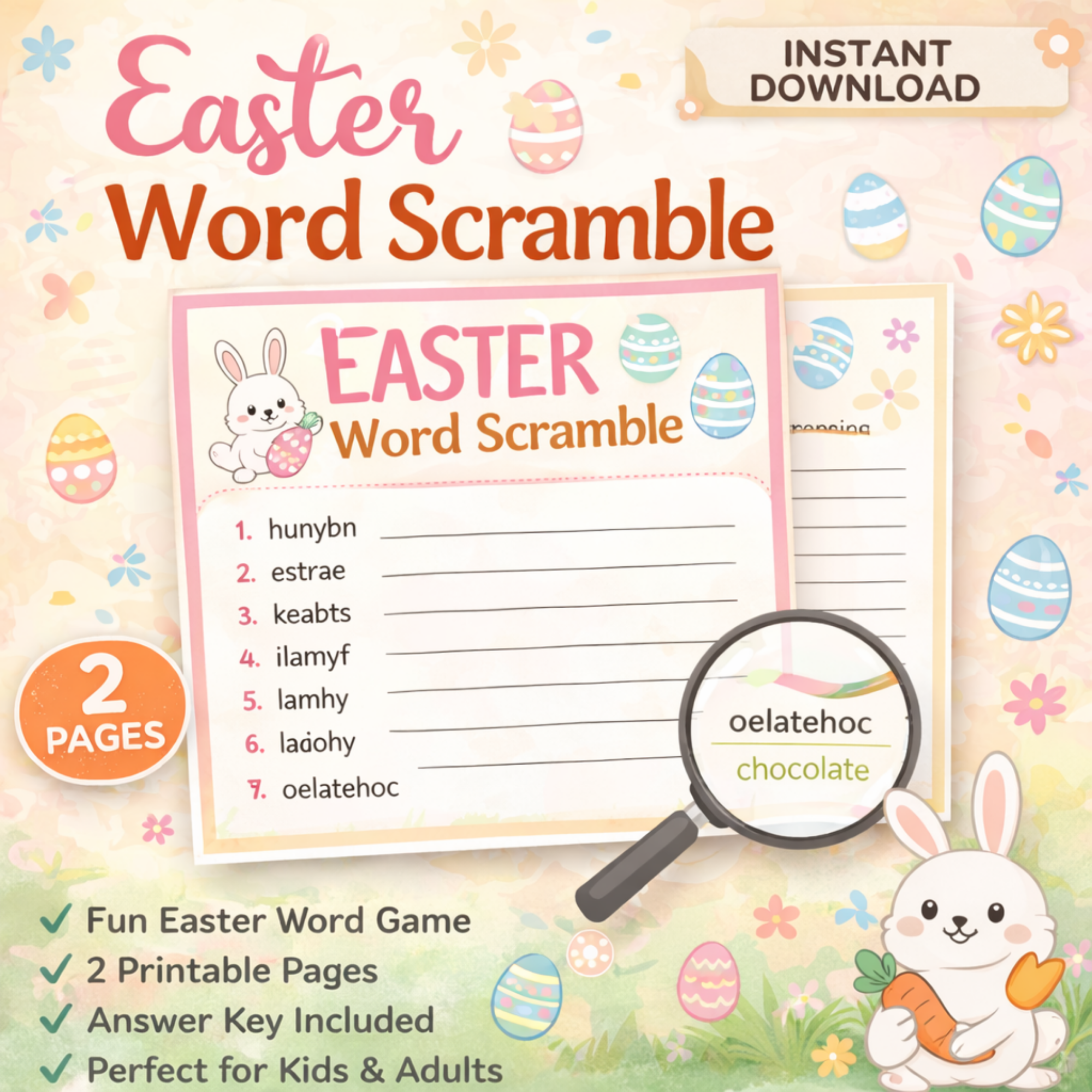 Easter word scramble printable featuring bunny