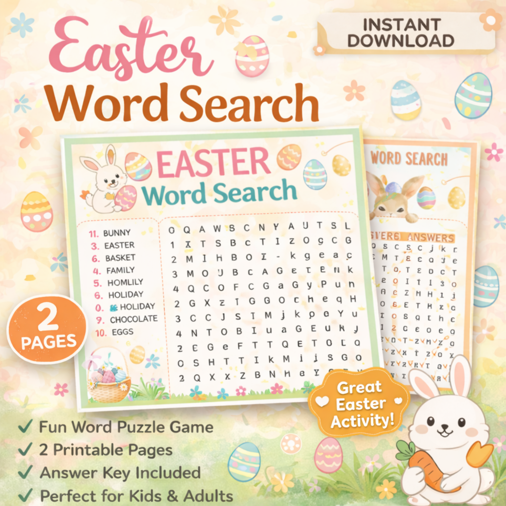 Colorful Easter word search printable for kids featuring bunny