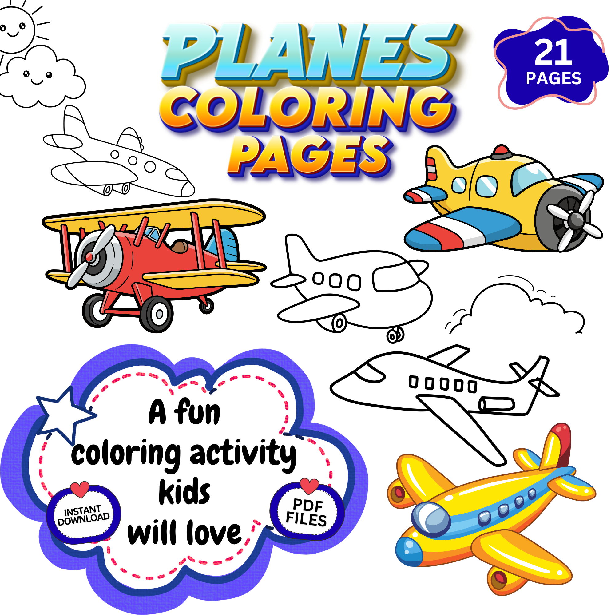 Printable planes coloring pages for kids featuring cartoon airplanes