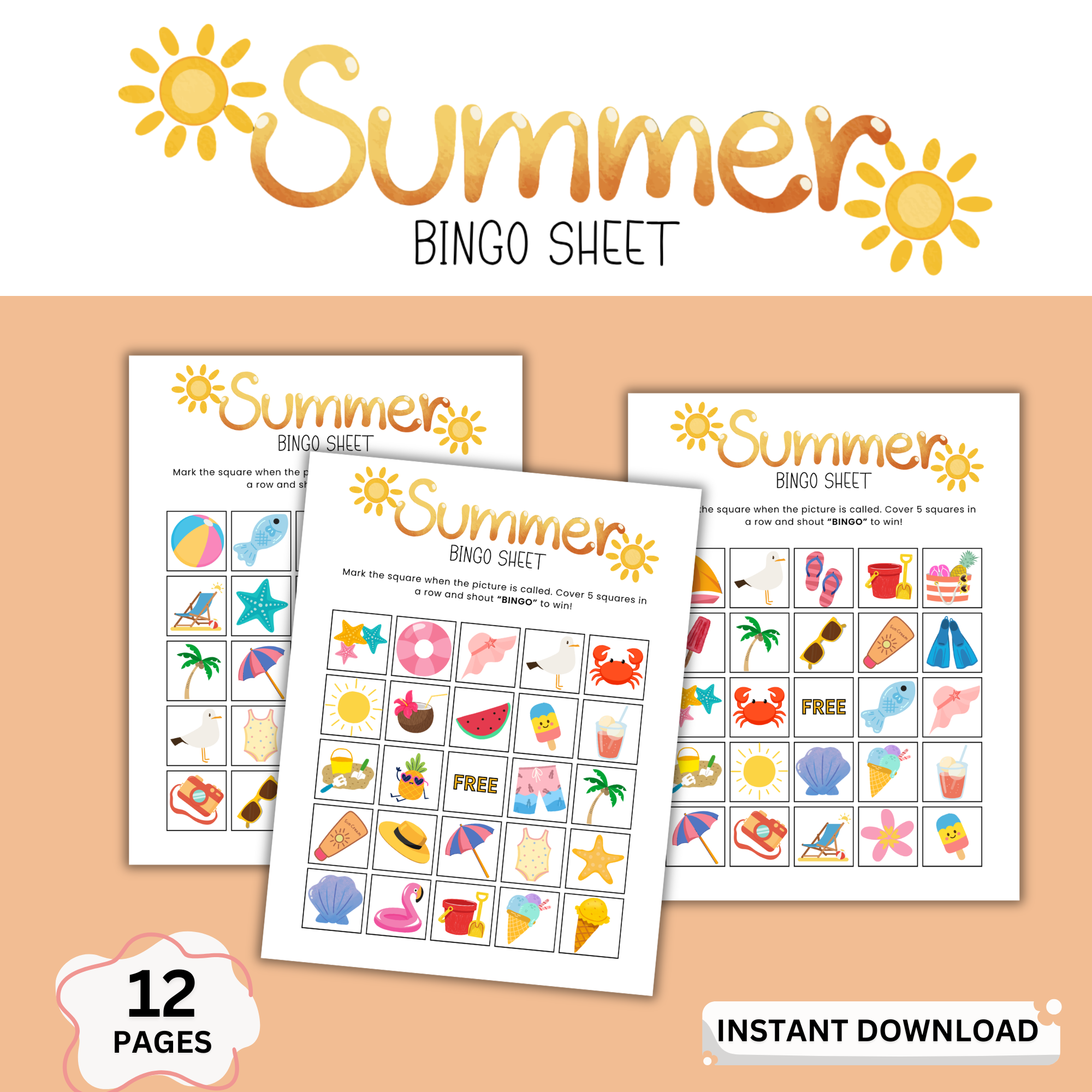 Summer bingo cards printable for kids featuring colorful beach-themed icons like ice cream