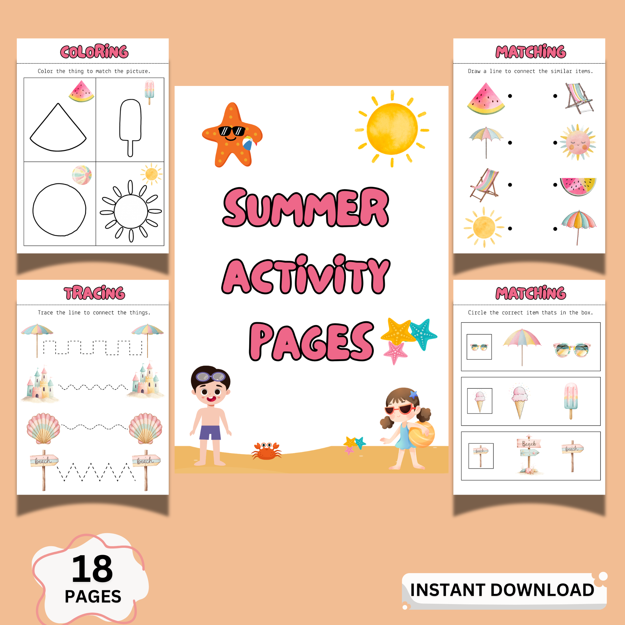 A preview of summer activity pages printable for kids showing tracing