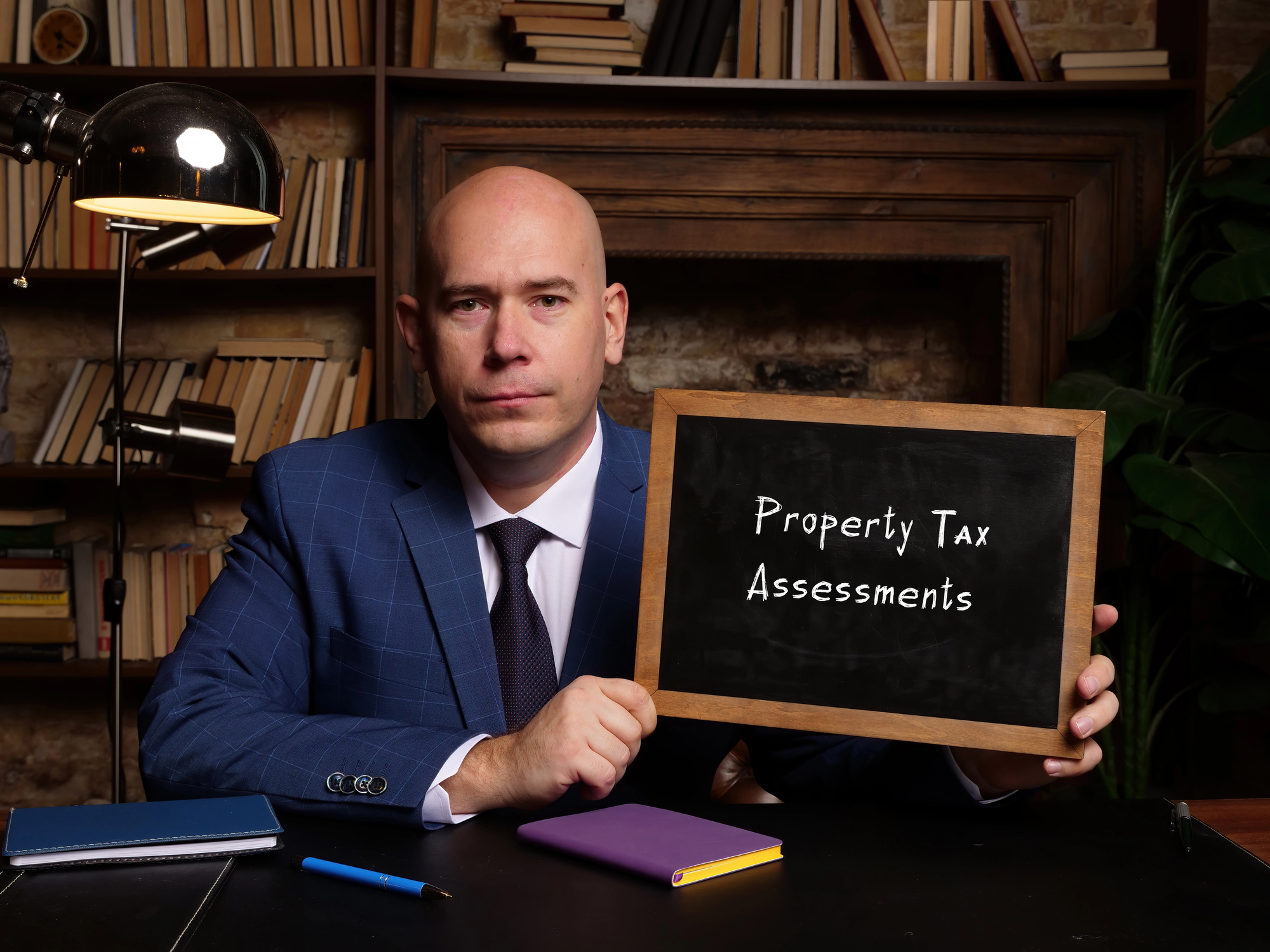 Businessman holding a chalkboard. Business concept about Property Tax Assessments with phrase on the sheet