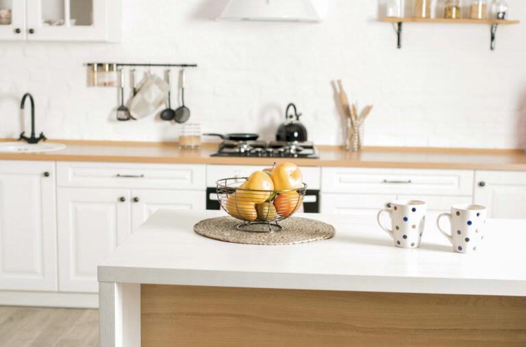 Beautiful stylish bright kitchen made of natural materials. Kitchen for homework. Online kitchen. Freelance.