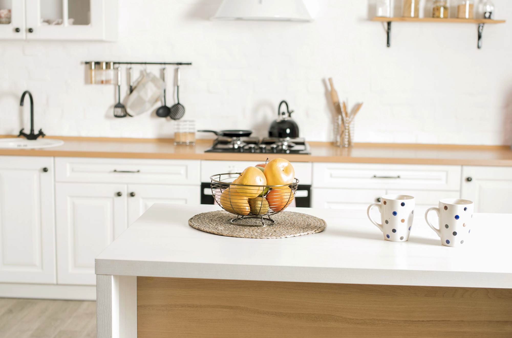 Beautiful stylish bright kitchen made of natural materials. Kitchen for homework. Online kitchen. Freelance.