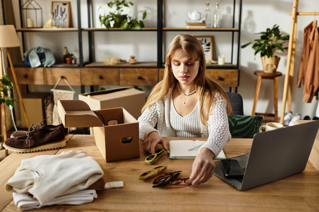 A young woman thoughtfully sorts her clothes to donate, showing her commitment to sustainability
