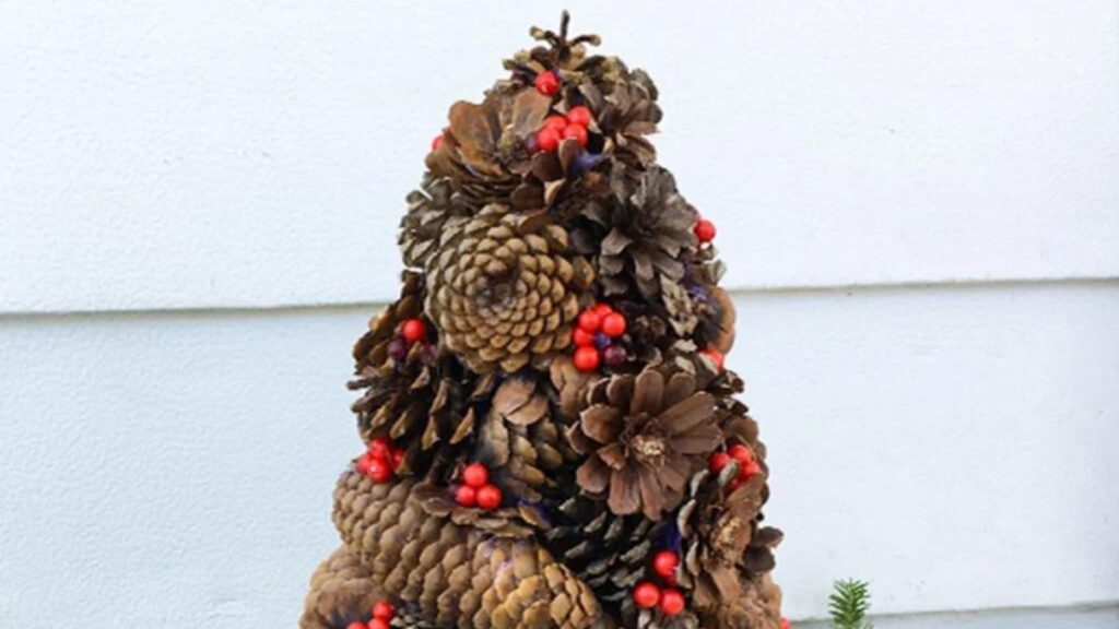 Square feature photo of a Christmas tree made from different varieties of pine cones decorated with red berries.