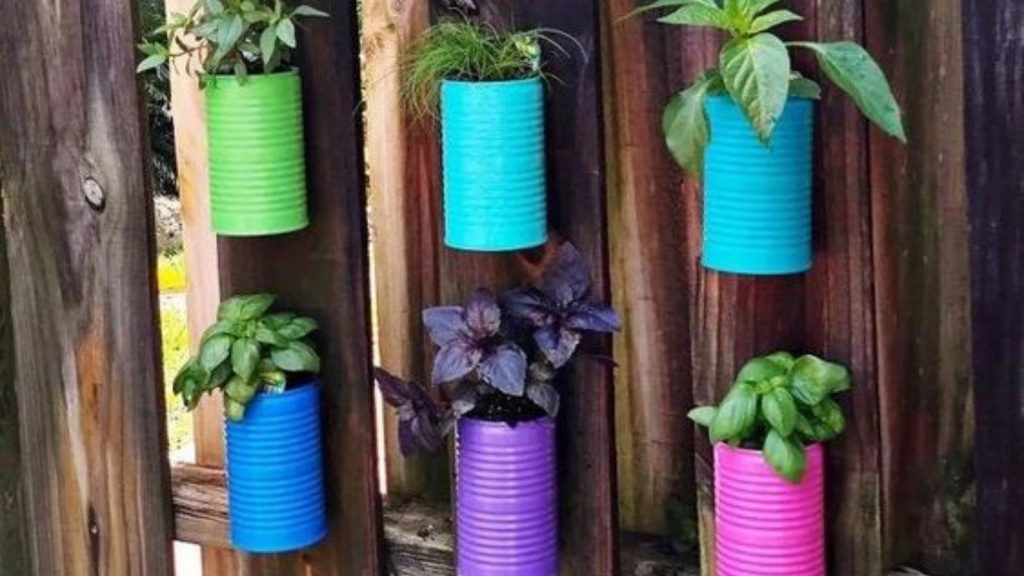 Recycled Rainbow Herb Garden from Tin Cans by Creatively Beth
