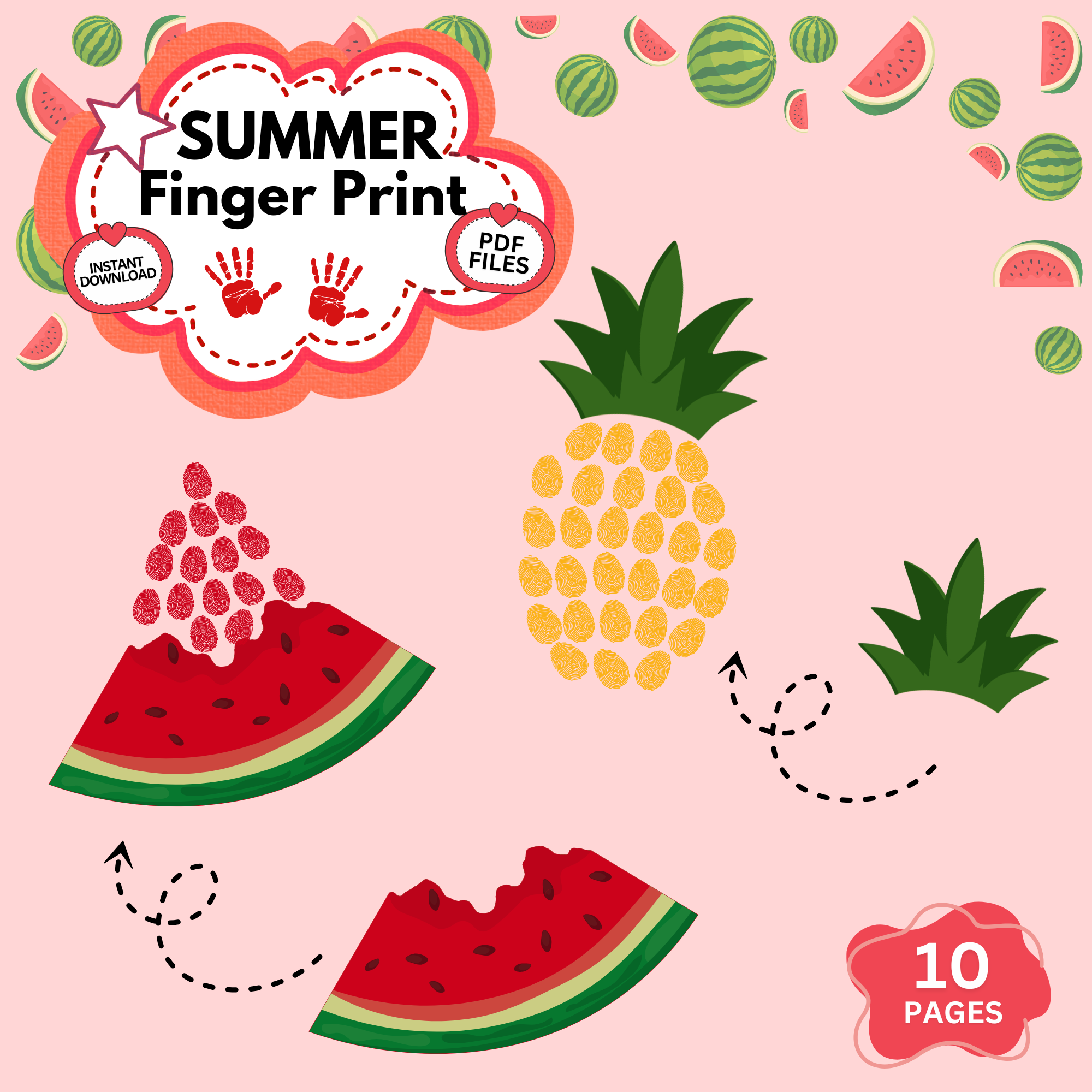 Summer fingerprint art printable for kids featuring watermelon and pineapple fingerprint activities with instant download PDF worksheets for preschool and kindergarten learning.