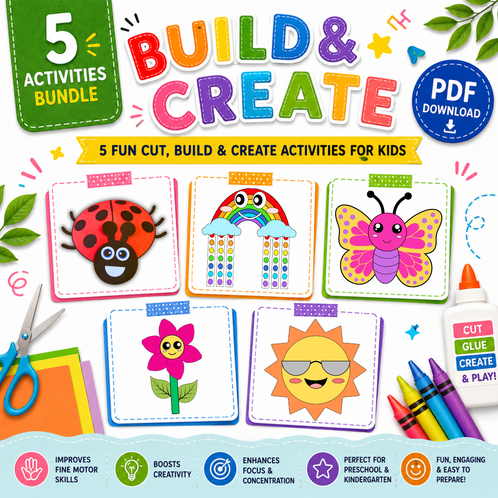 Colorful summer printable activity bundle for kids featuring ladybug