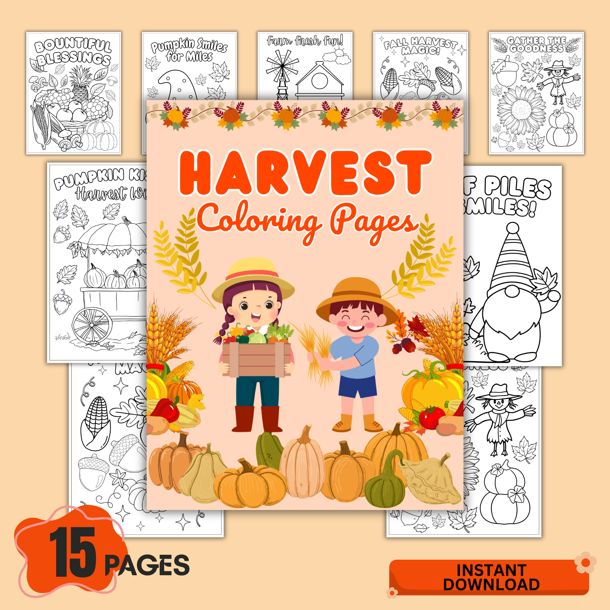 Harvest coloring pages printable bundle with 15 autumn-themed coloring sheets for kids.