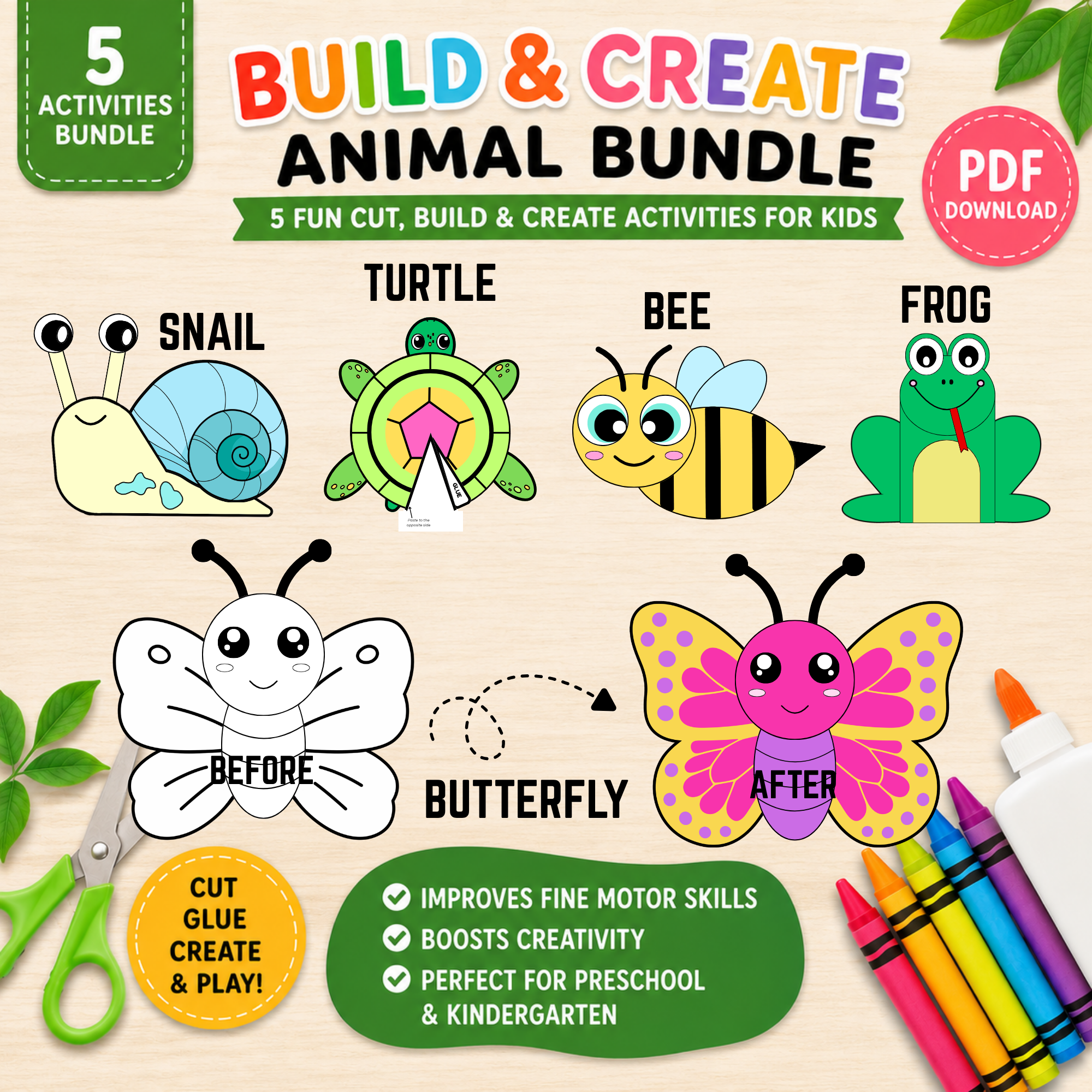Printable animal activity bundle for kids featuring butterfly