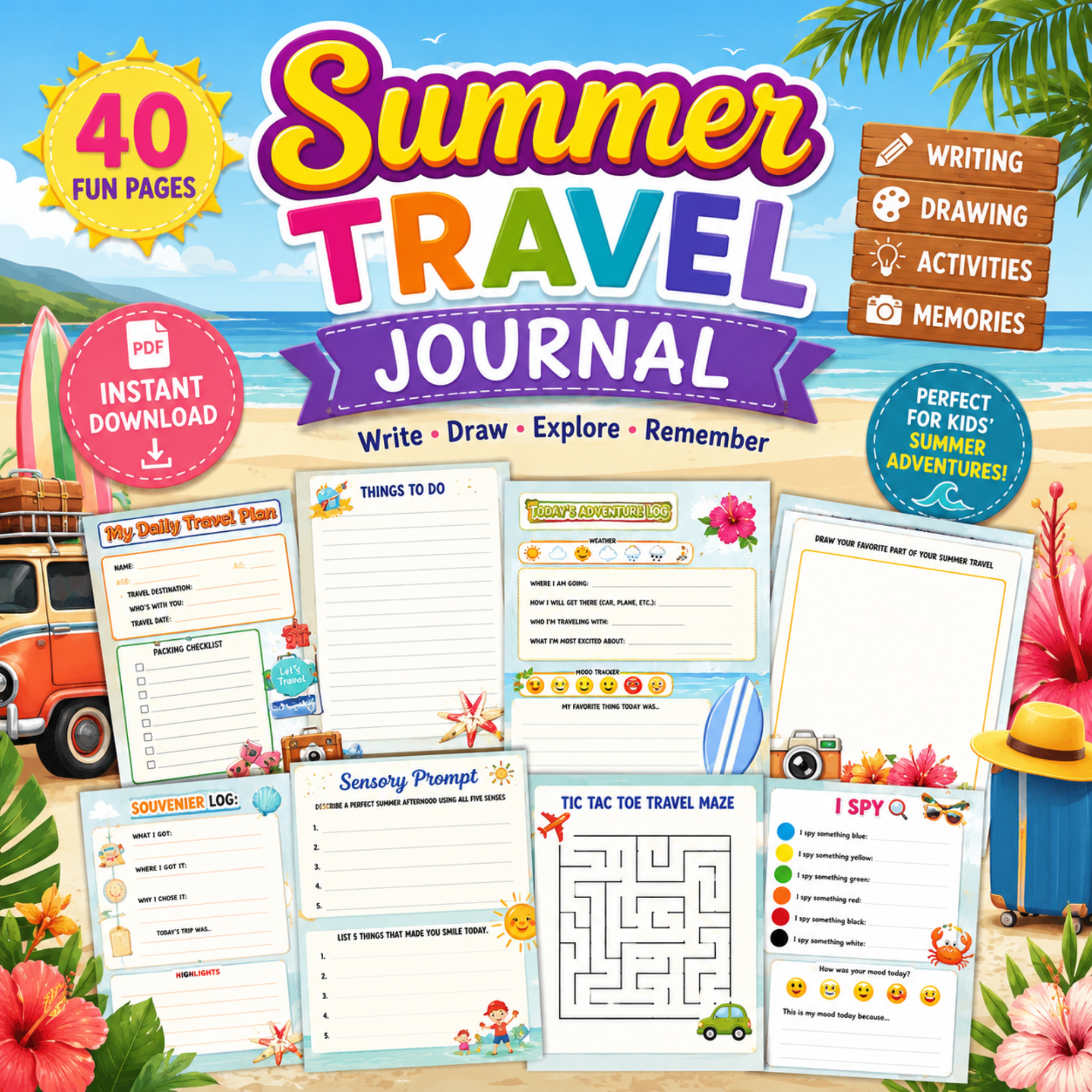 Colorful summer travel journal printable for kids featuring writing prompts