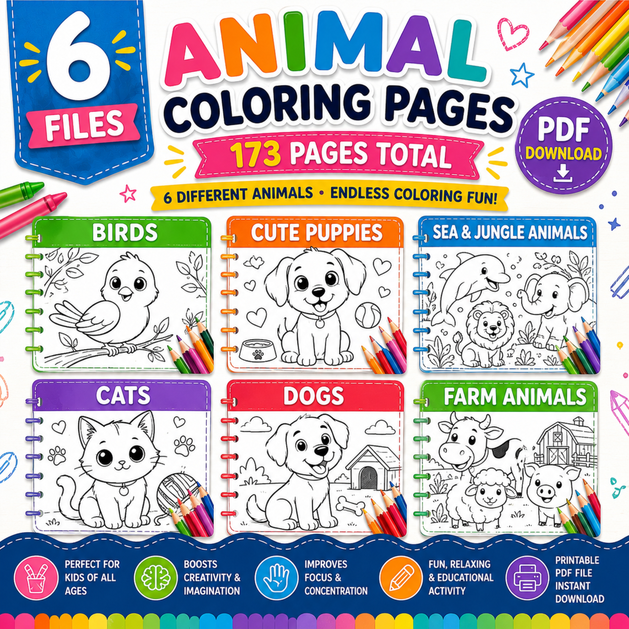 Printable animal coloring pages bundle featuring birds