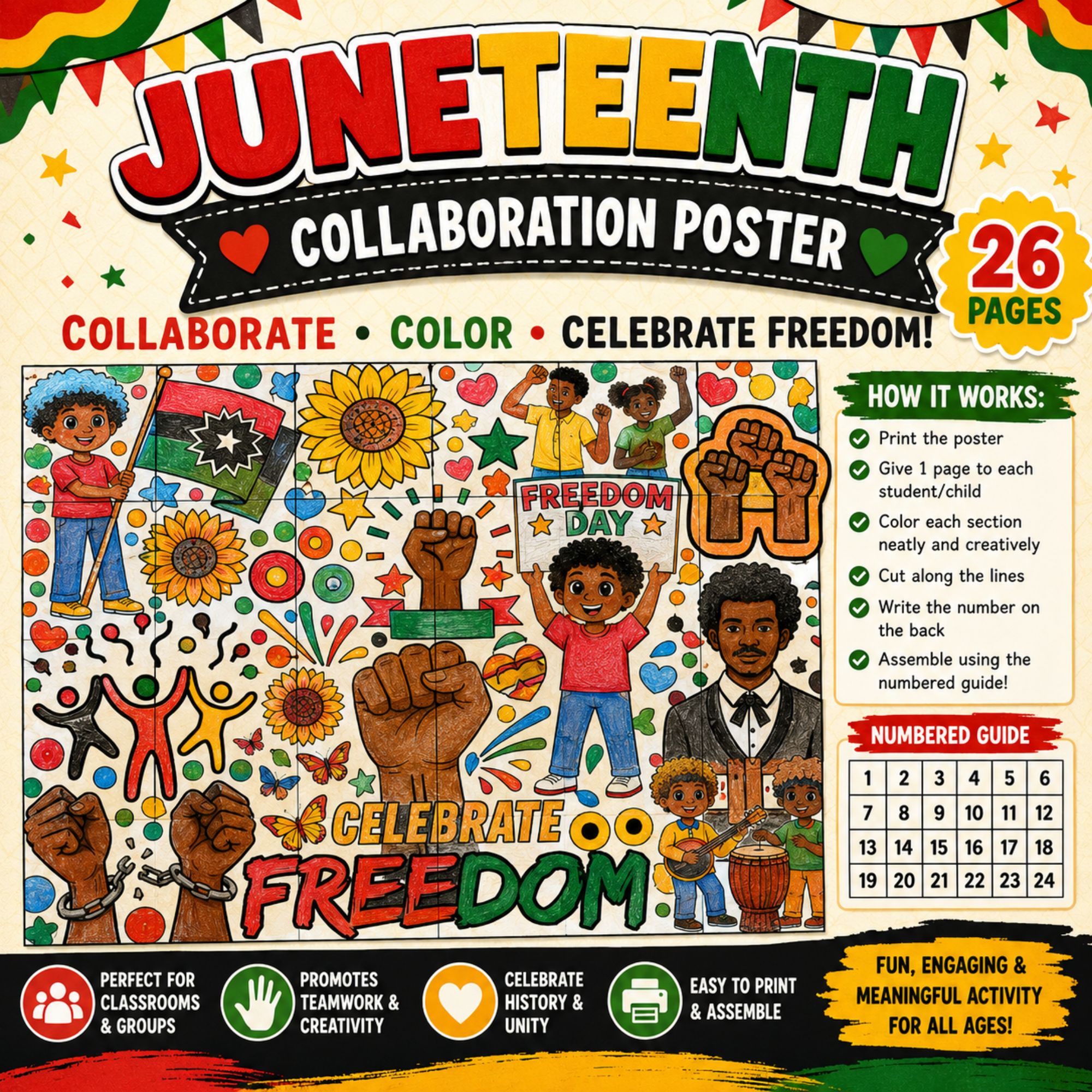 Juneteenth collaboration poster printable featuring Freedom Day coloring mural activity with cultural illustrations
