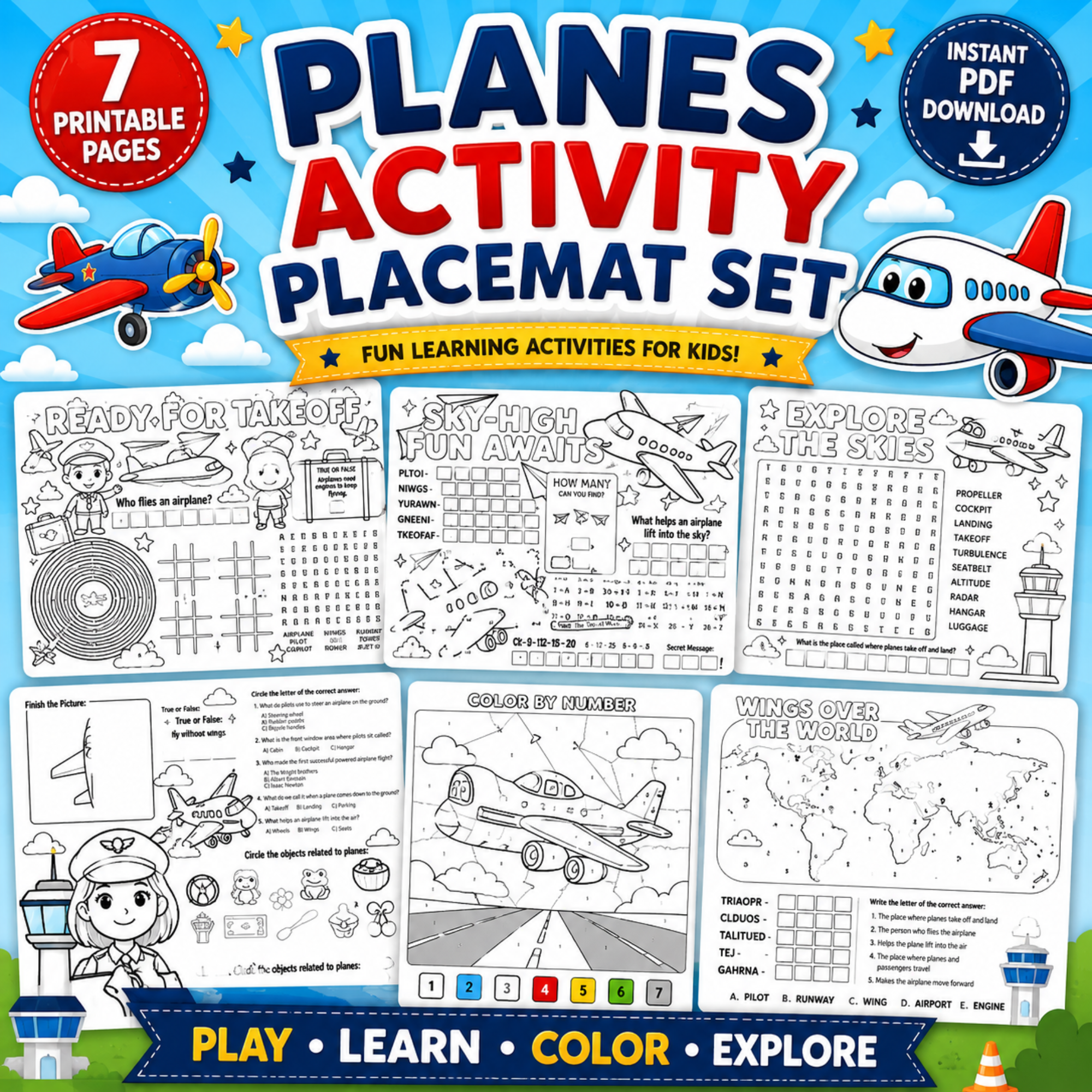 Colorful planes activity placemat printable bundle featuring airplane worksheets