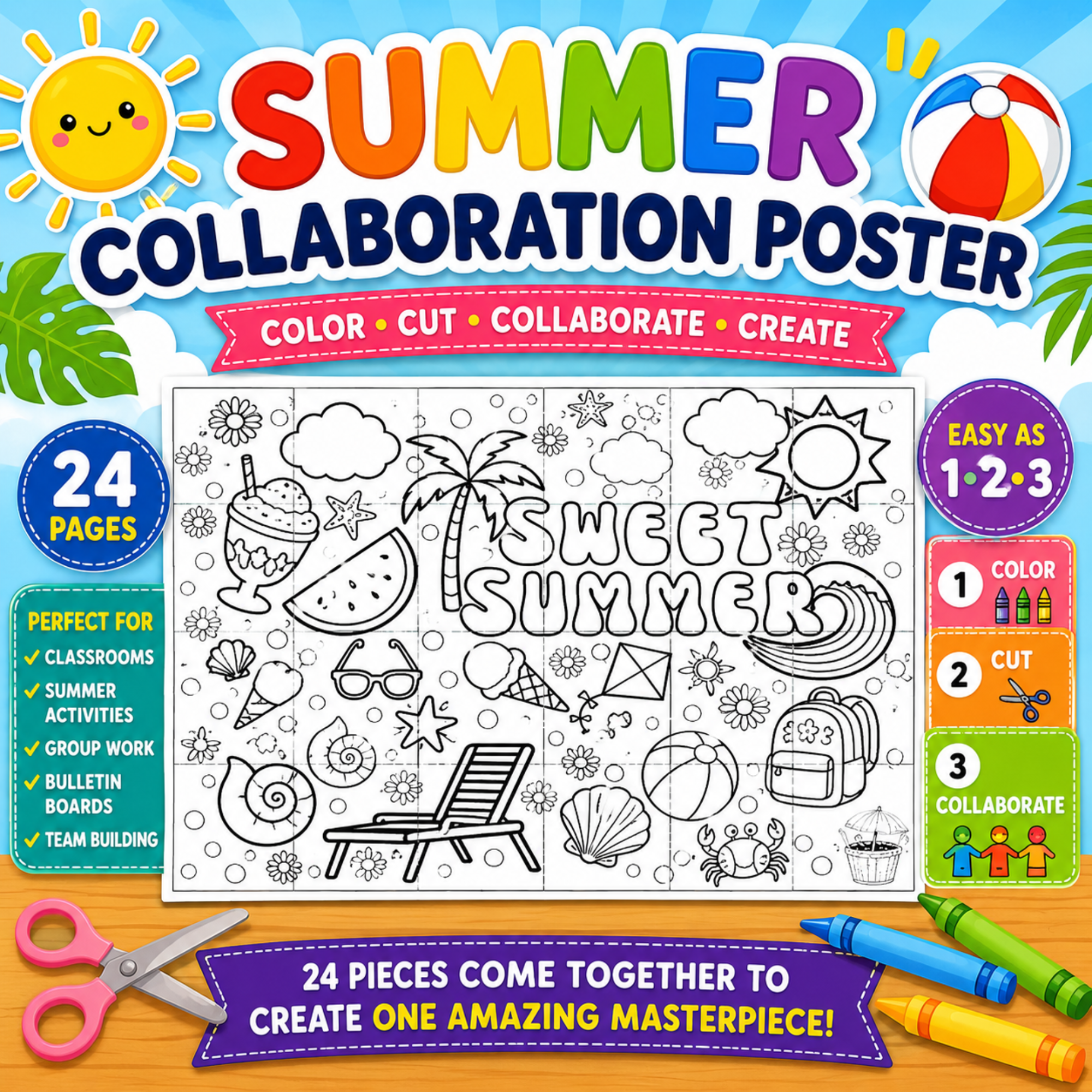 Colorful summer collaboration poster printable for kids featuring a large group coloring activity with beach and summer-themed illustrations.