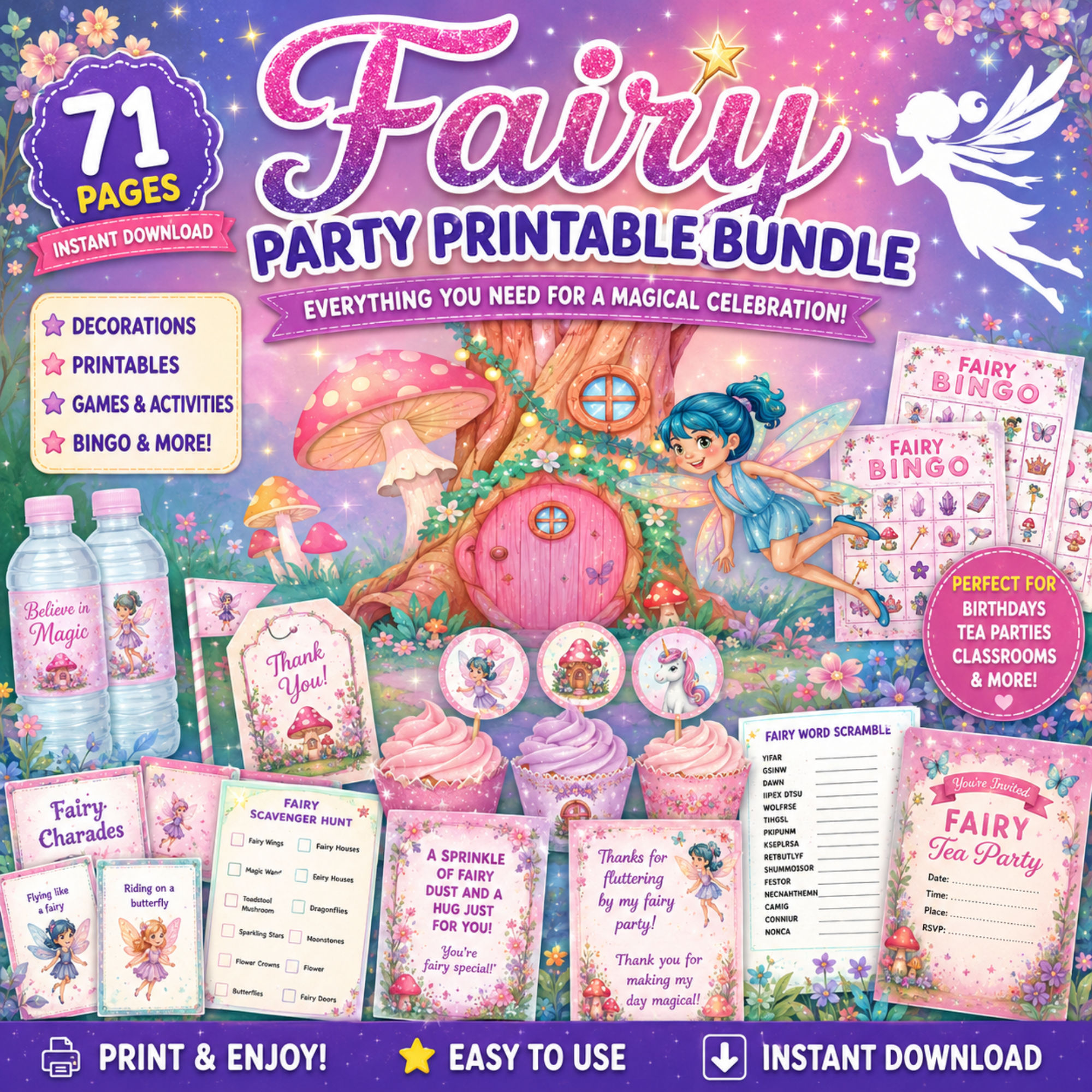 Magical fairy party printable bundle featuring fairy decorations