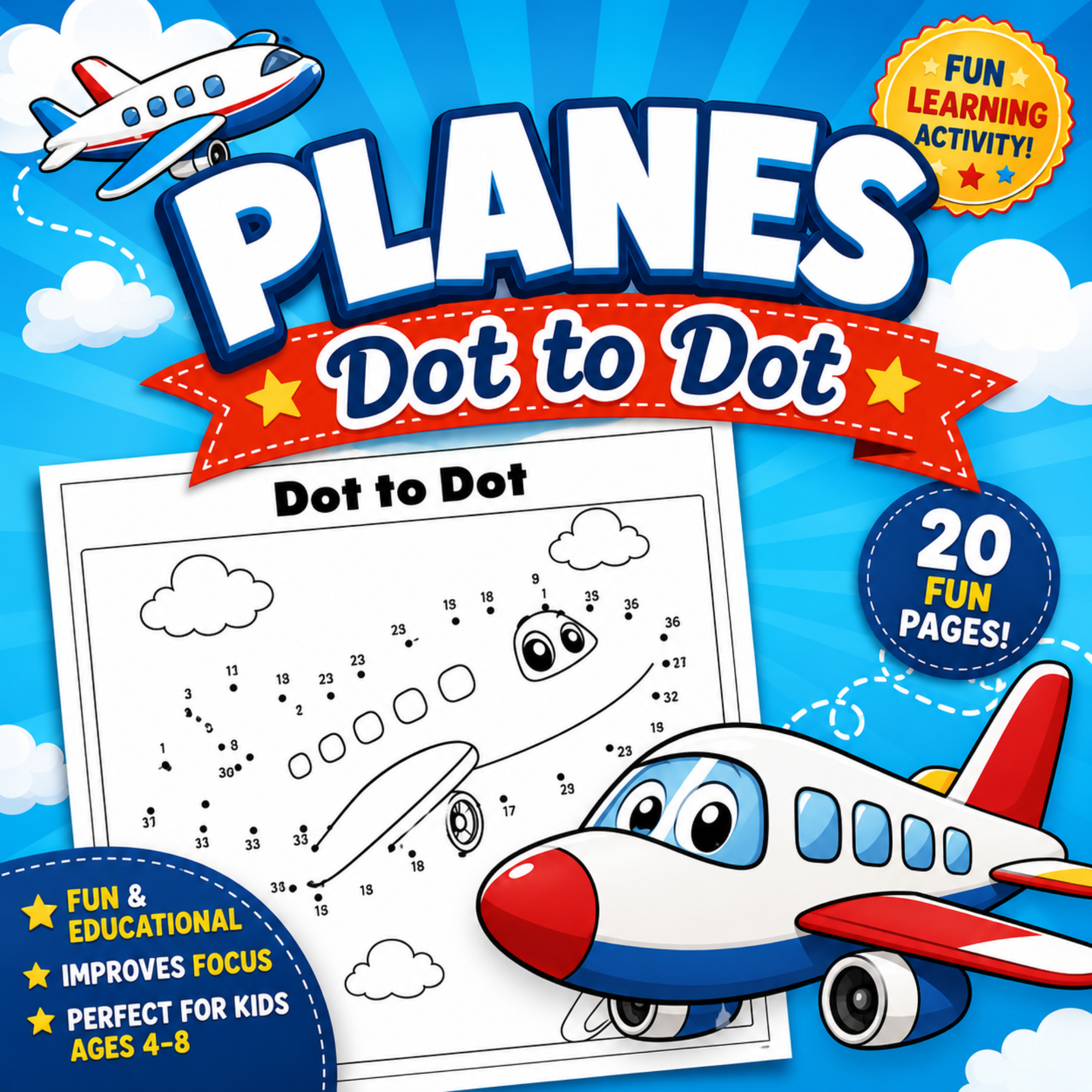Colorful planes dot to dot printable activity bundle cover featuring airplane connect the dots worksheets for kids ages 4-8.