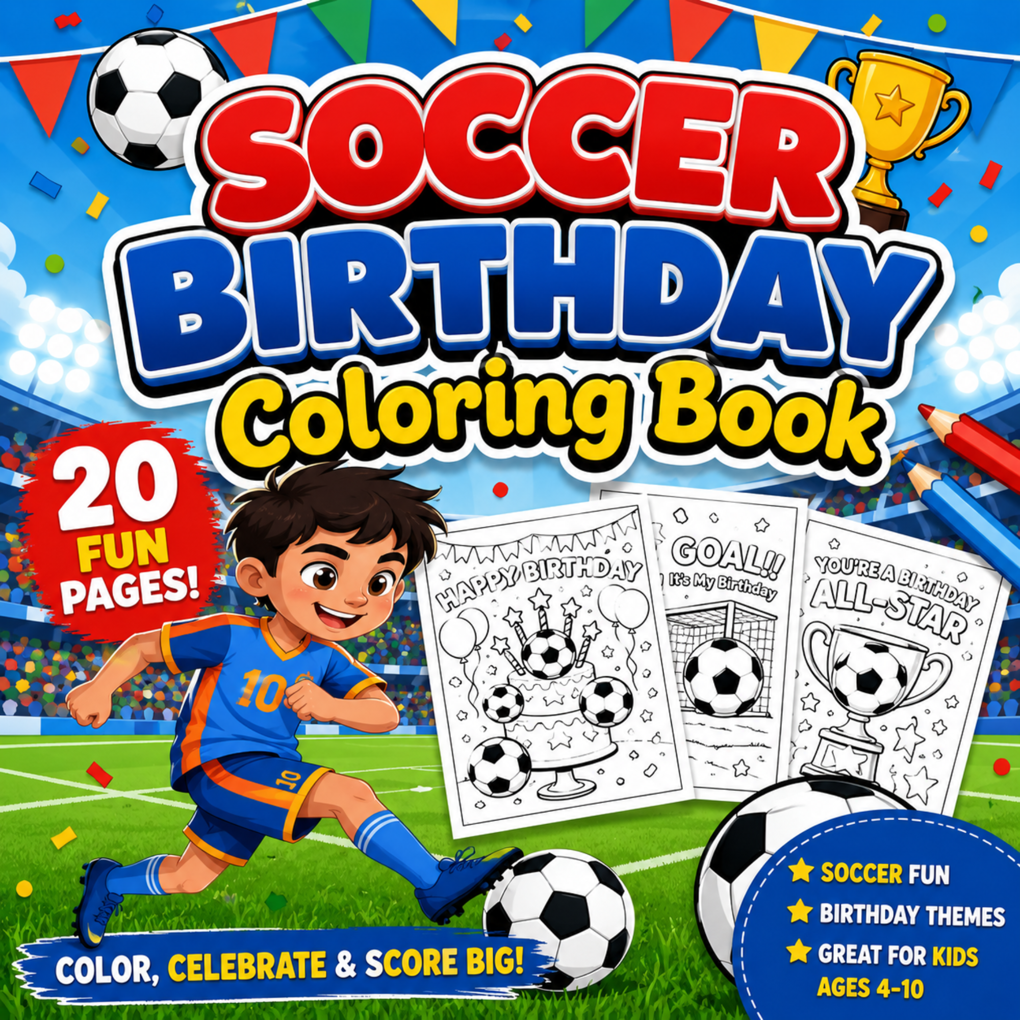 Colorful soccer birthday coloring book printable cover featuring fun sports-themed coloring pages for kids.