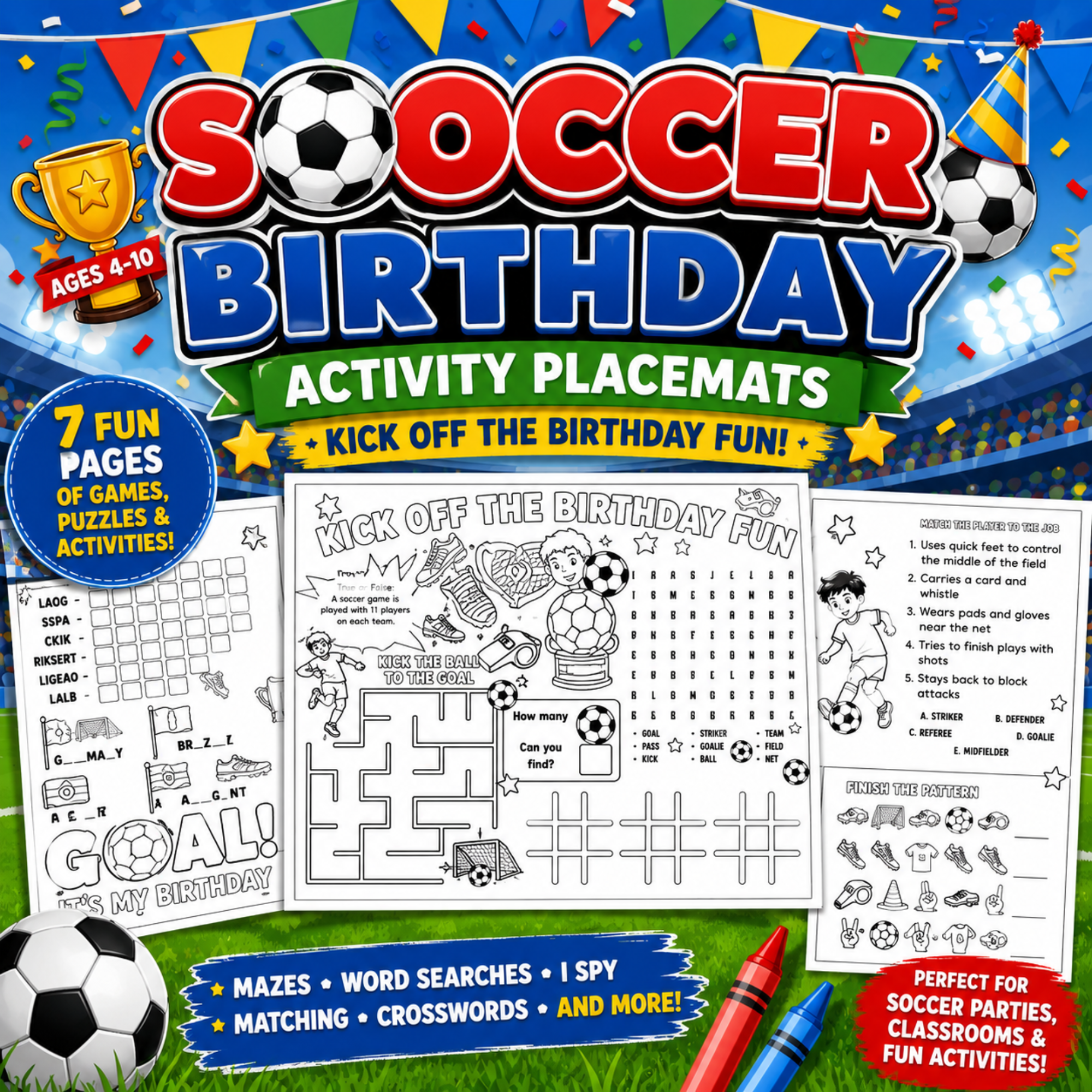 Colorful soccer birthday activity placemats printable cover featuring games