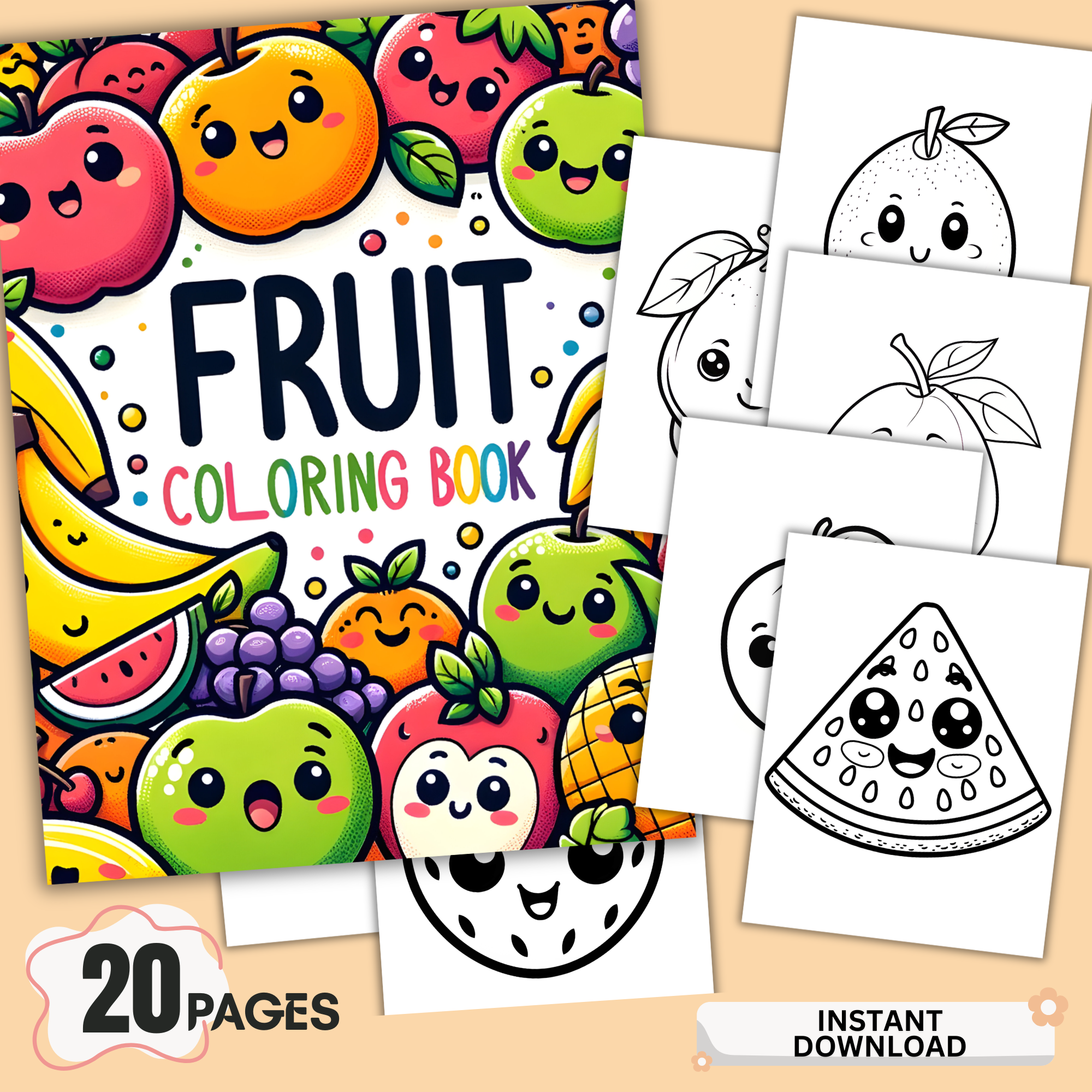 fruit coloring pages bundle kawaii printable kids activity sheets preview
