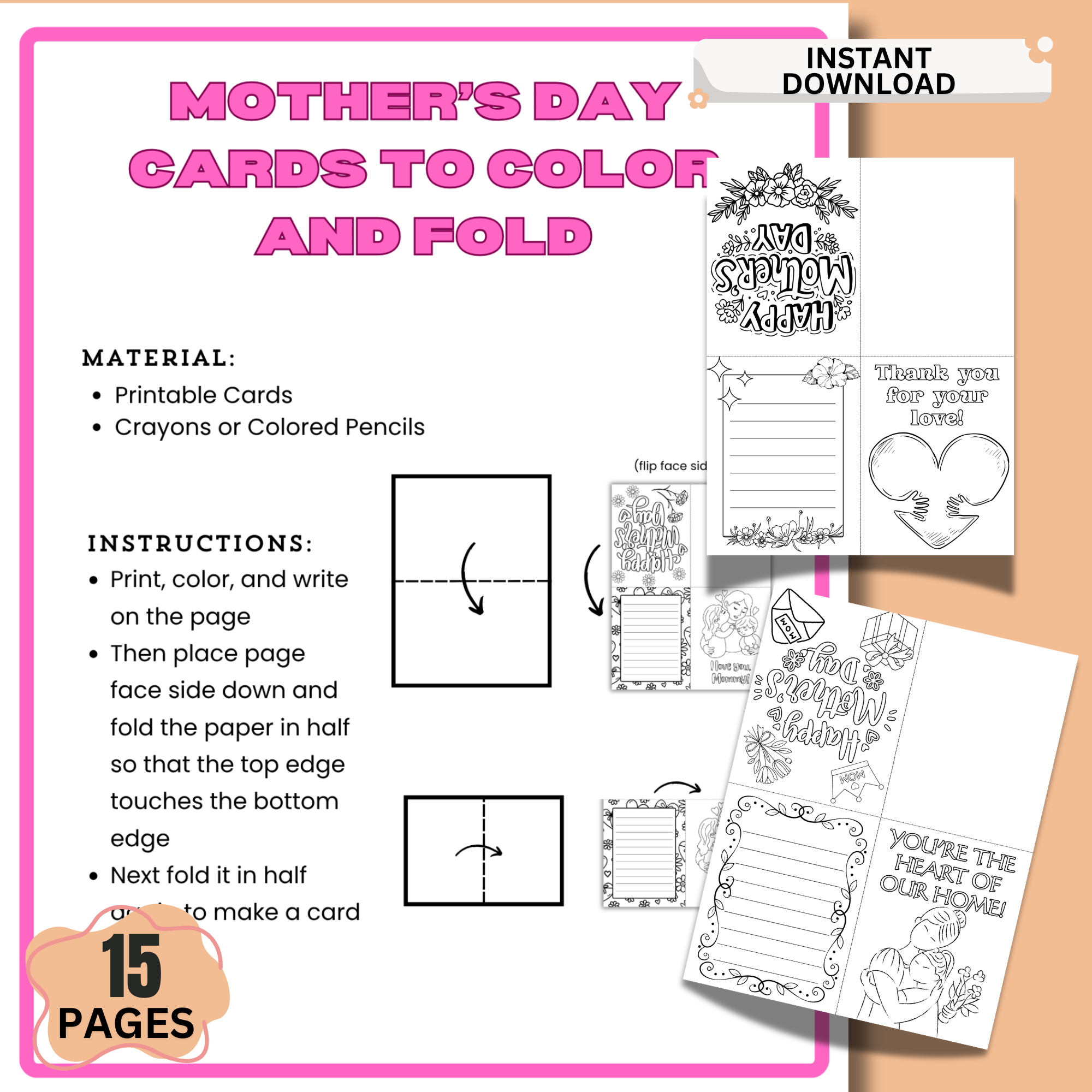 step by step guide showing how to color write message and fold mothers day printable card for kids