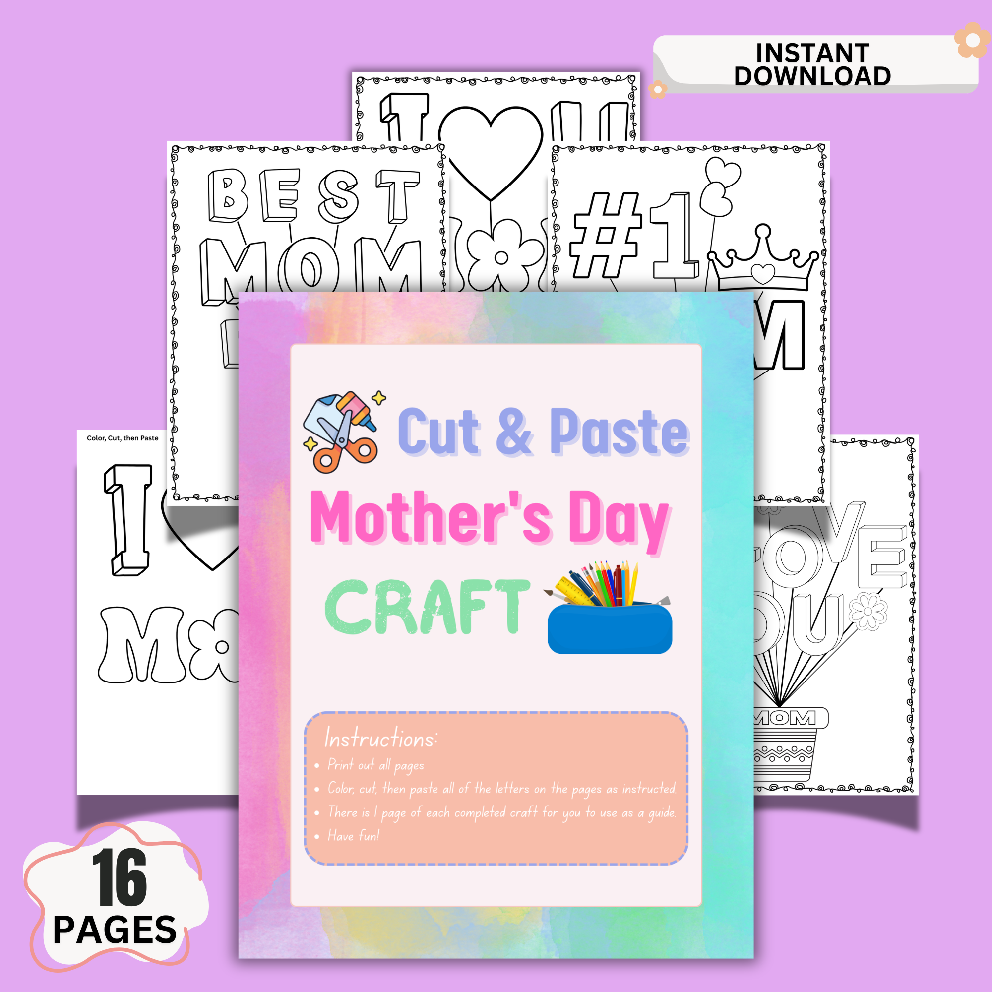 preview of mothers day printable craft pages including multiple cut and paste worksheets with designs like best mom ever