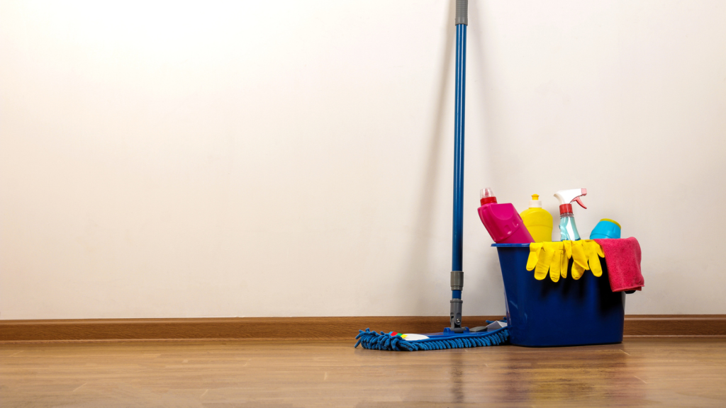 Various bottles with cleaning products and detergents, washcloths in a blue bucket and a mop in the room on the floor
