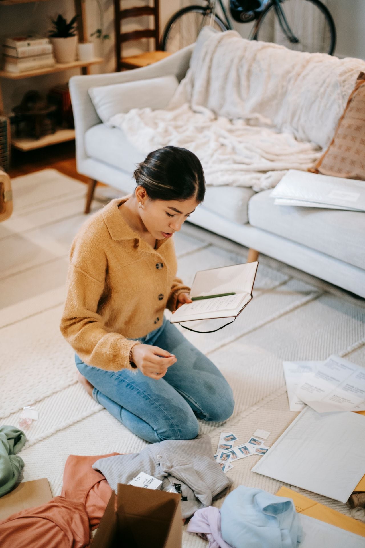 woman on floor decluttering